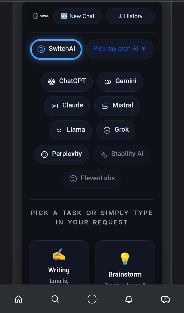 SwitchAI model picker — ChatGPT, Claude, Gemini, Grok and more